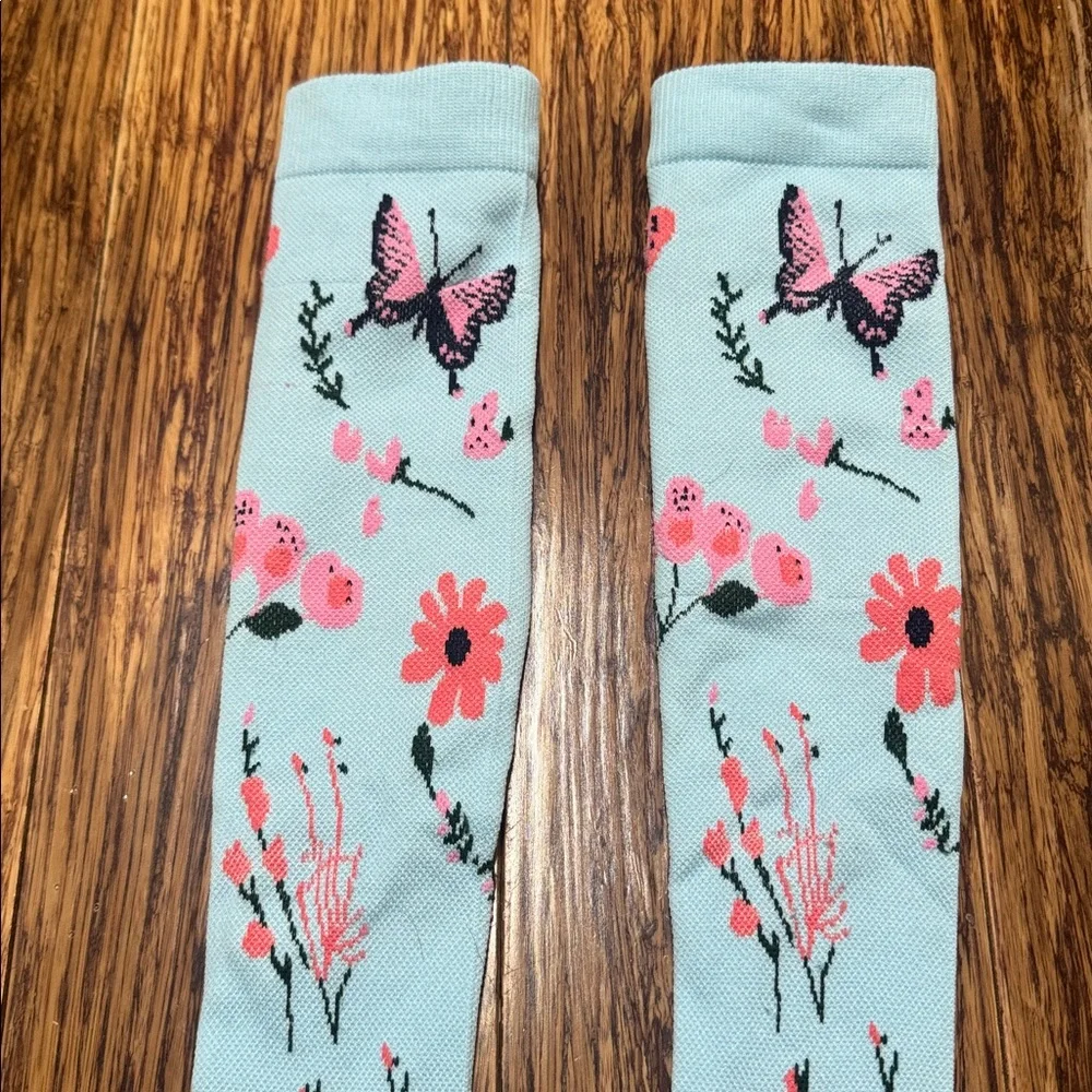 Light blue pink floral butterfly print knee high compression socks